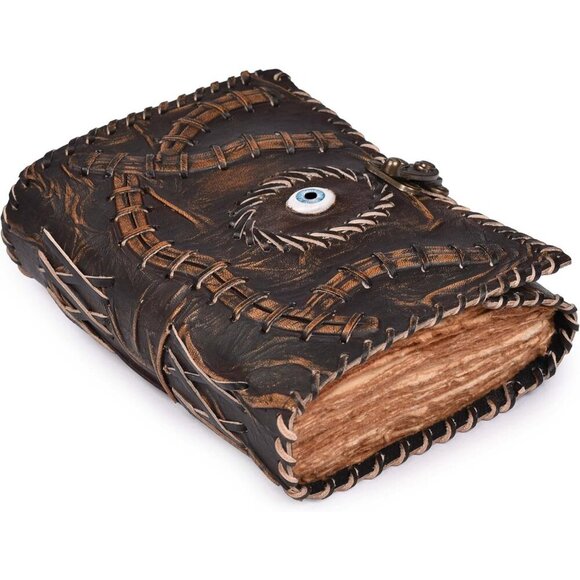 Vintage Spell Book Leather Bound Journal 7”X5”200 Pages Brown Blank Deckle
